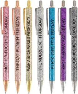 Funny Ballpoint Pen Set Gift for Coworker, Days of The Week Daily Glitter Pen, Black Ink Medium Point 1.0 Mm Smooth Writing ( 7 Pcs )