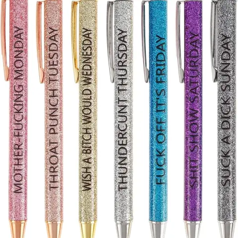 Funny Ballpoint Pen Set Gift for Coworker, Days of The Week Daily Glitter Pen, Black Ink Medium Point 1.0 Mm Smooth Writing ( 7 Pcs )