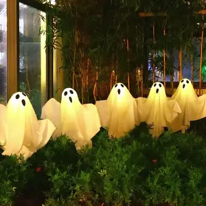 Solar Powered LED Ghost Lights, Set of 5 Glowing Stakes, Outdoor Halloween Decorations, Garden Pathway Lighting