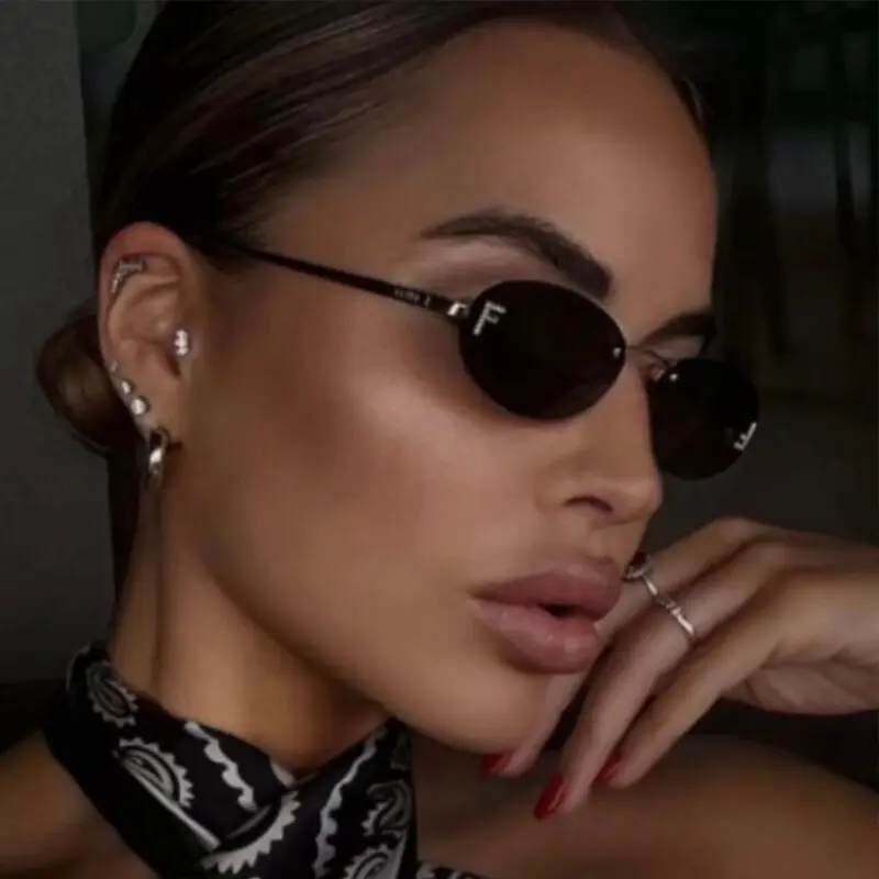 Luxury Brand Rimless Diamond Letter "F" Sunglasses - Female Women's Metal Frame Black Small Oval UV400 Elegant Unisex Shades
