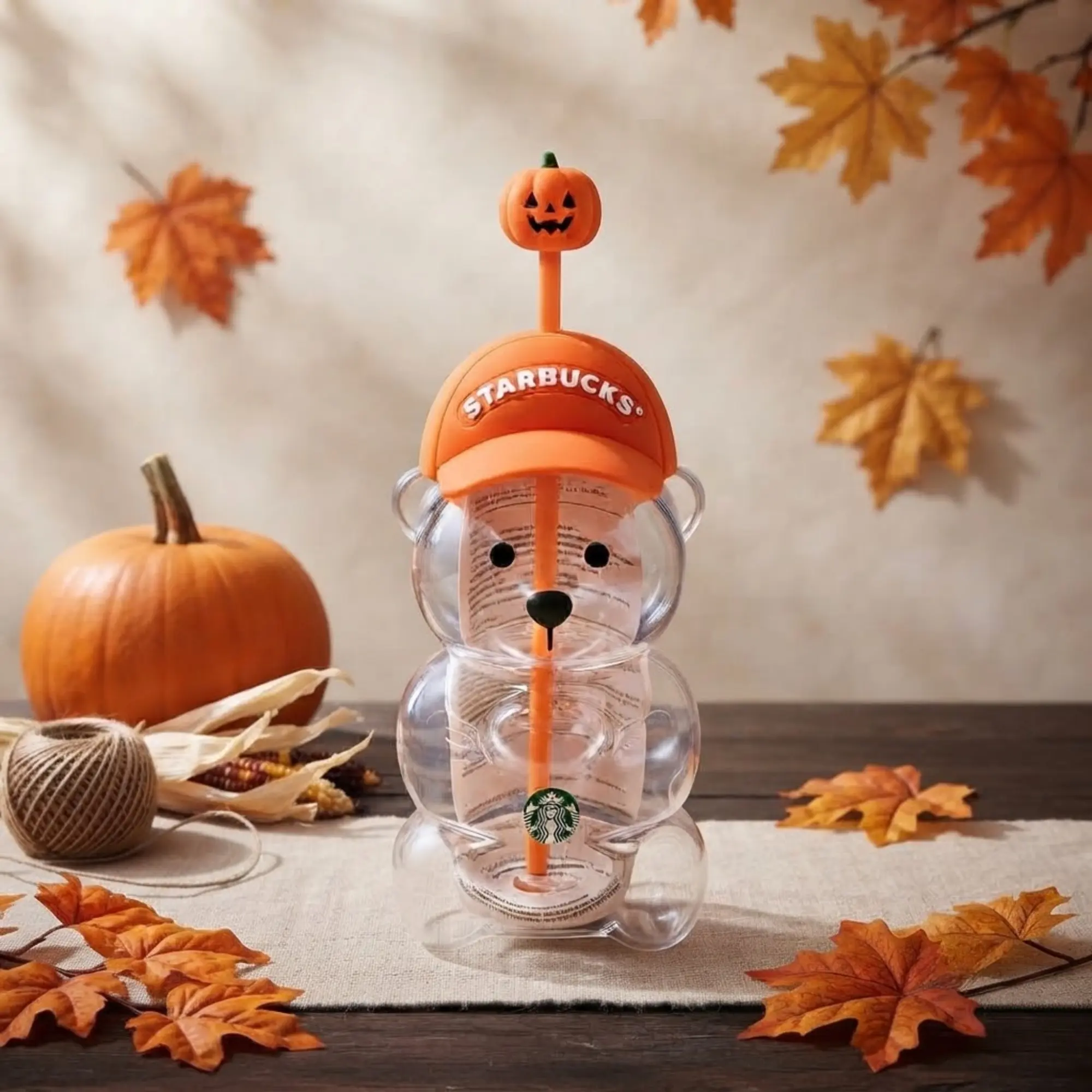 Starbucks Bearista Halloween 20 oz Tumbler Cup, Cute Bear Cold Cup with Pumpkin Straw, Clear Collectible Drinkware, Fall Halloween Gift