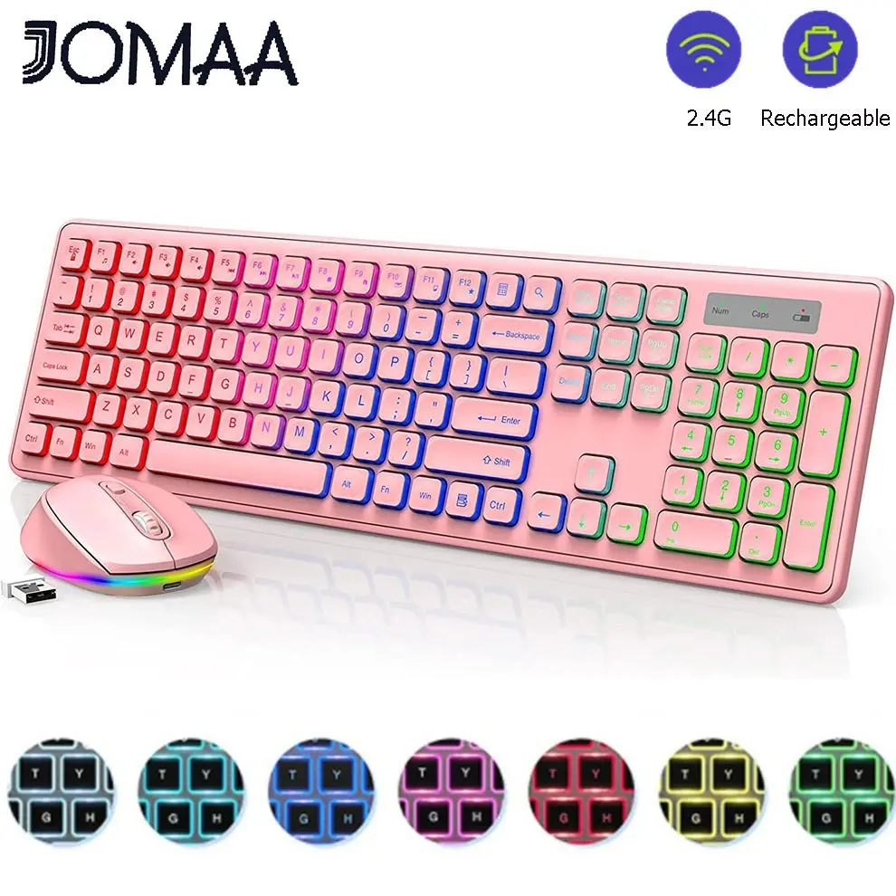 JOMAA 2.4G Wireless Rechargeable RGB Lights Keyboard and Mouse Combo - Full-Size USB Keyboard & Mouse for Laptops, PCs, Chromebooks, Productivity Tools with Rechargeable Battery
