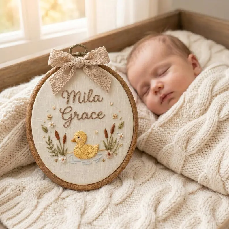 Personalized Embroidered Baby Name Sign, Custom Duck Nursery Wall Decor, Baby Name Sign, Baby Shower Gift, Nursery Decor, Newborn Keepsake