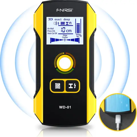 FNIRSI WD-01 Metal Detector Wall Scanner, LCD Screen Wall Stud Finder with Alarm System, Newly Designed Positioning Hole, Compact Grip, 100mm for Copper Detection, AC Live Cable Wires Locator, 138mm*68mm*22mm Measurement, Home Use Tools & Hardware