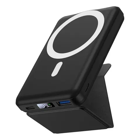 Yiisonger D013 Black Magnetic Power Bank - 10000 mAh, 22.5W PD Fast Charging, Fold-out Stand, USB-C Cable, LED Display, Compact Portable MagSafe Mini, Battery Power Bank Charger for iPhone, Wireless Powerbank for Mobile Smartphones