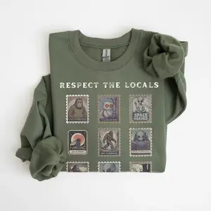 Respect The Locals Cryptid Sweatshirt, Vintage Stamp Camping Sweater, Bigfoot Gift Mothman Sweatshirt, Alien Sweatshirt Weirdcore Gift For Hiking Gift