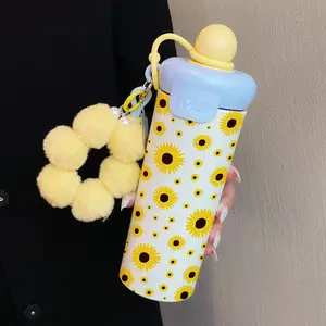 600ML Insulated Cup with Ball Strap, Simple Sunflower Pattern Coffee Mug, Stainless Steel 316, Suitable for Outdoor Sports, Travel, Home Use