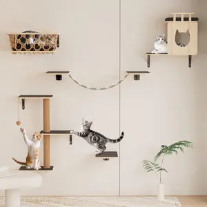 5-in-1 Cat Wall Shelves Set with Hammock, Wall-Mounted Cat Furniture Includes Condo, Bridge, Ladder & Steps for Indoor Cats, Safe & Stable (Gray)