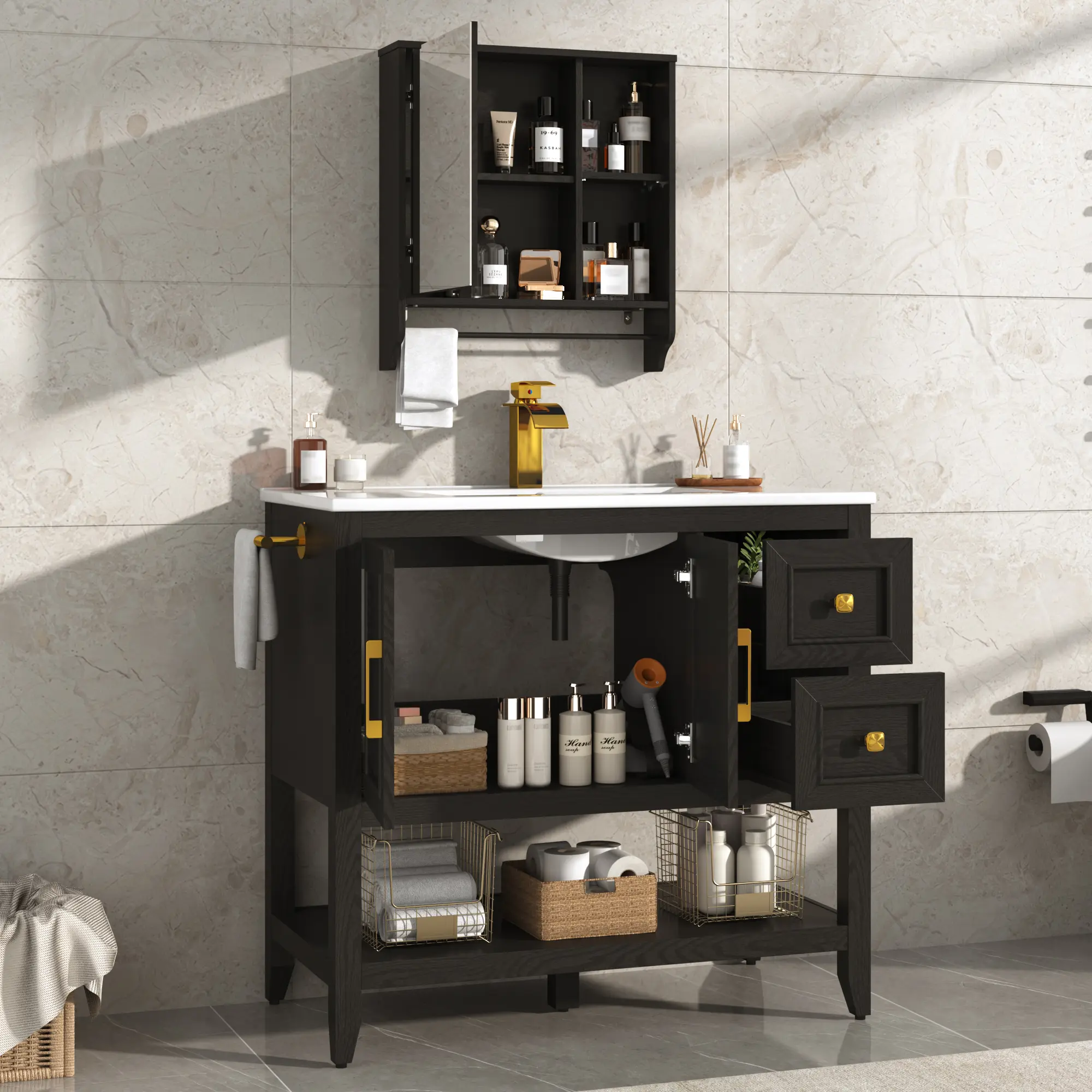 36 Inch Single Sink Farmhouse Bathroom Vanity Set with Faucet & Mirror Cabinet