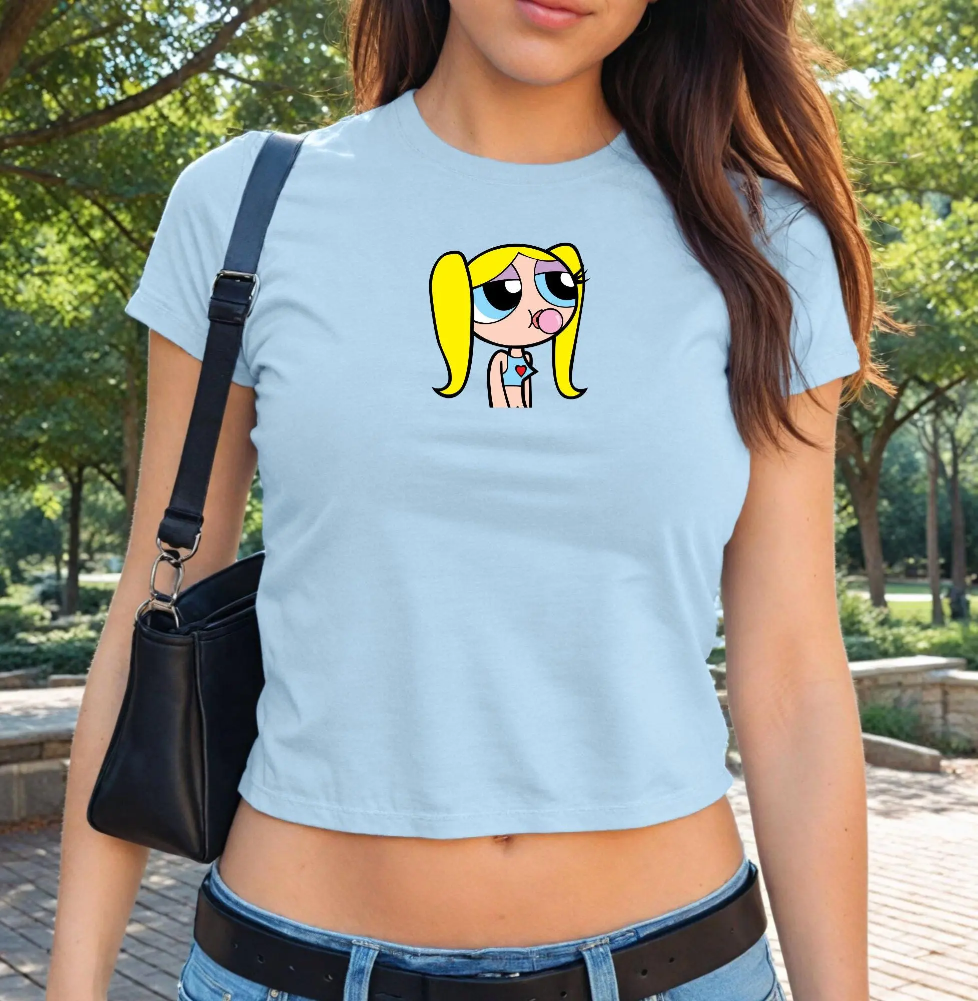 Bubbles Powerpufff Girls Baby Tee, Y2K Cropped Cartoon T-Shirt, 90s Style, Trendy Women's Top, Cute Baby Tee, Gift For Her