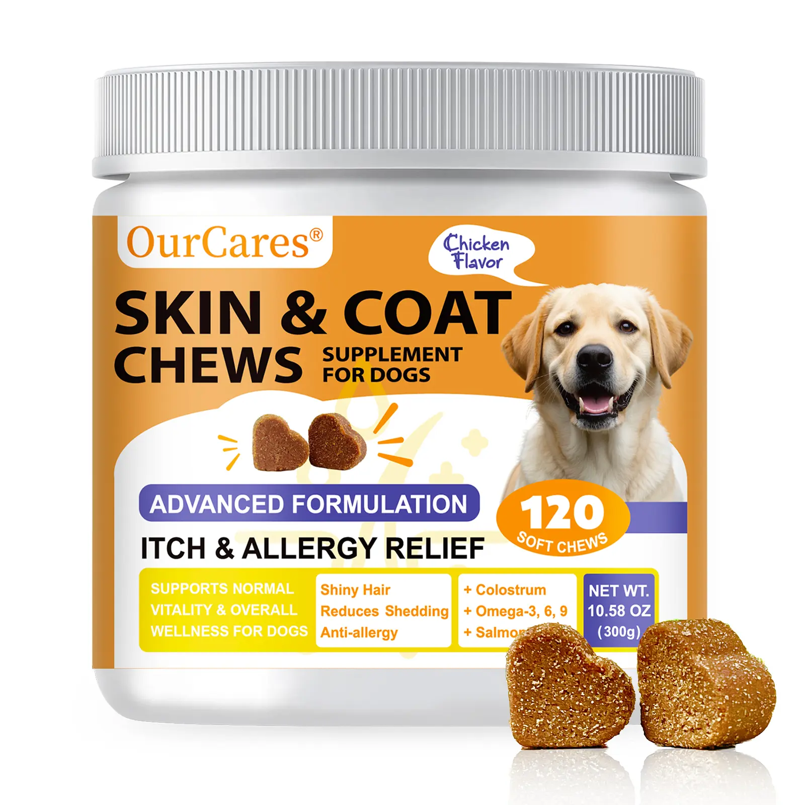 OURCARES Immune Chewable Dog Health Supplements - Itch Relief, Skin Health & Seasonal Allergy Support, Daily Use Vitamins with Colostrum, Prebiotics, Probiotics, Apple Cider Vinegar, Vitamin C - Chicken Flavor