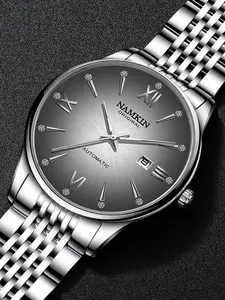 Namkin Men's Mechanical Watch, Silver Dial, Diamond Decor, Date Display, Automatic Movement, Elegant Daily Wear, Office Commute