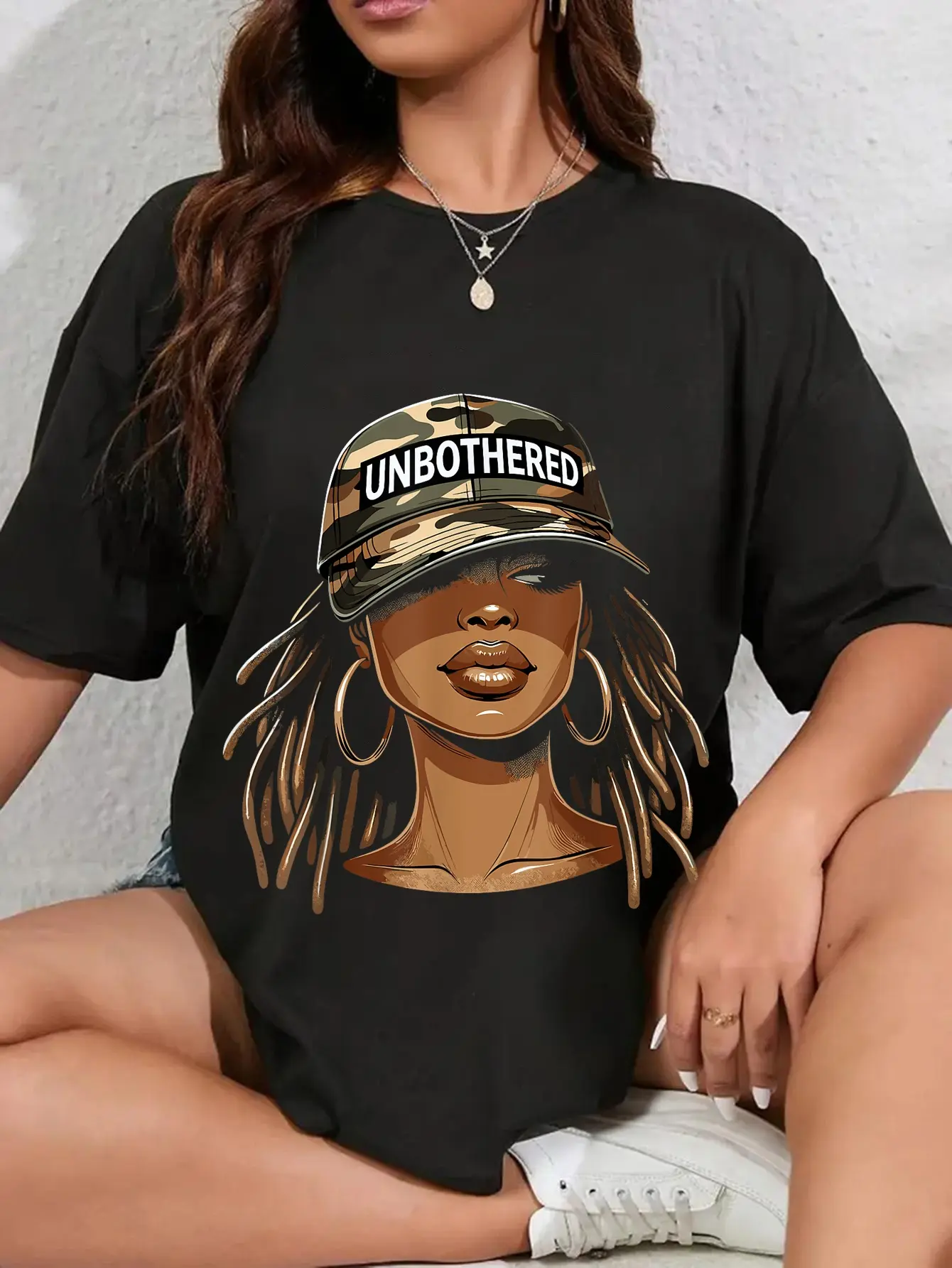100% Cotton Unisex Unbothered Black Woman With Cap Camo Afro T-Shirt