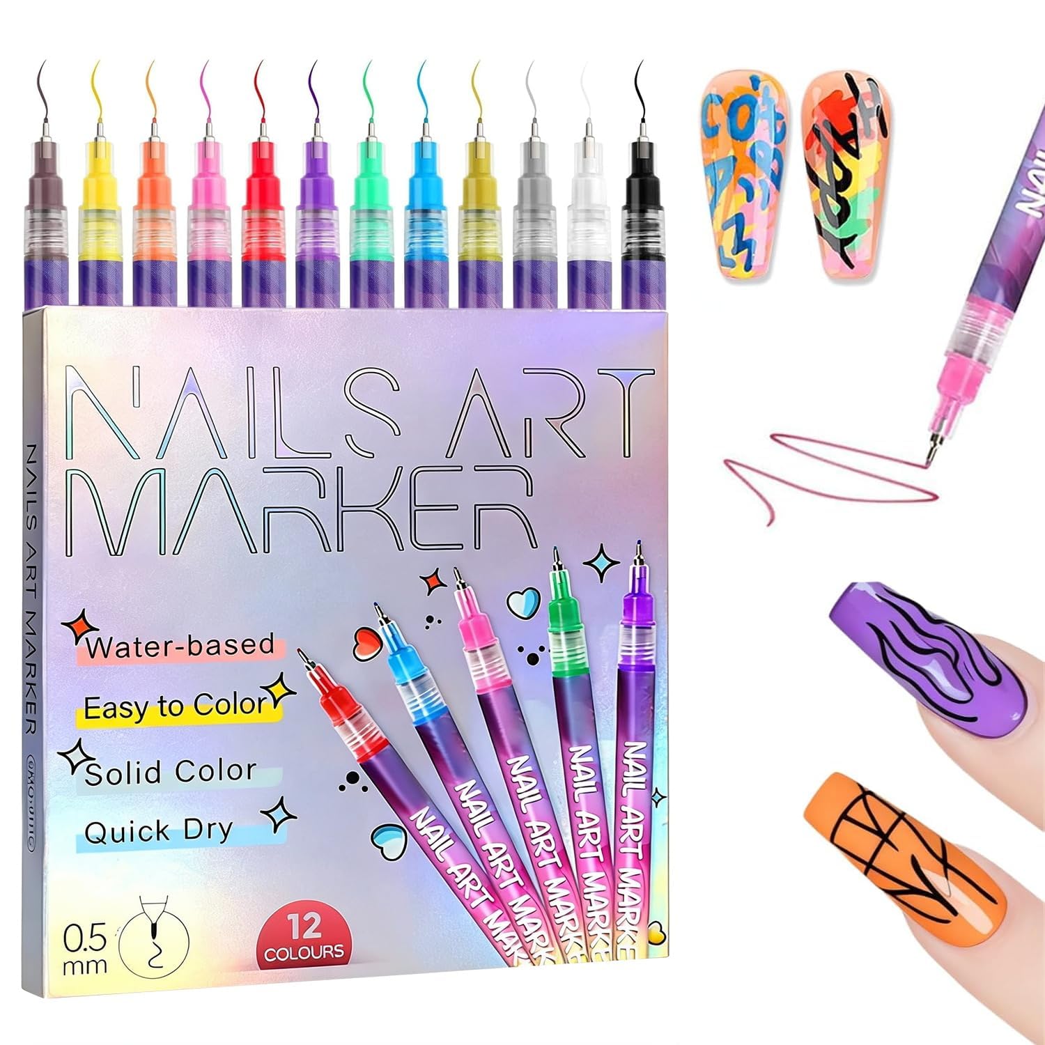12-Color Nail Art Markers Set，0.5mm Extra Fine Tip Nail Pens for DIY Graffiti，Waterproof Quick-Dry Manicure Liner Pens for Drawing & Doodling  Professional Nail Design Tool Kit