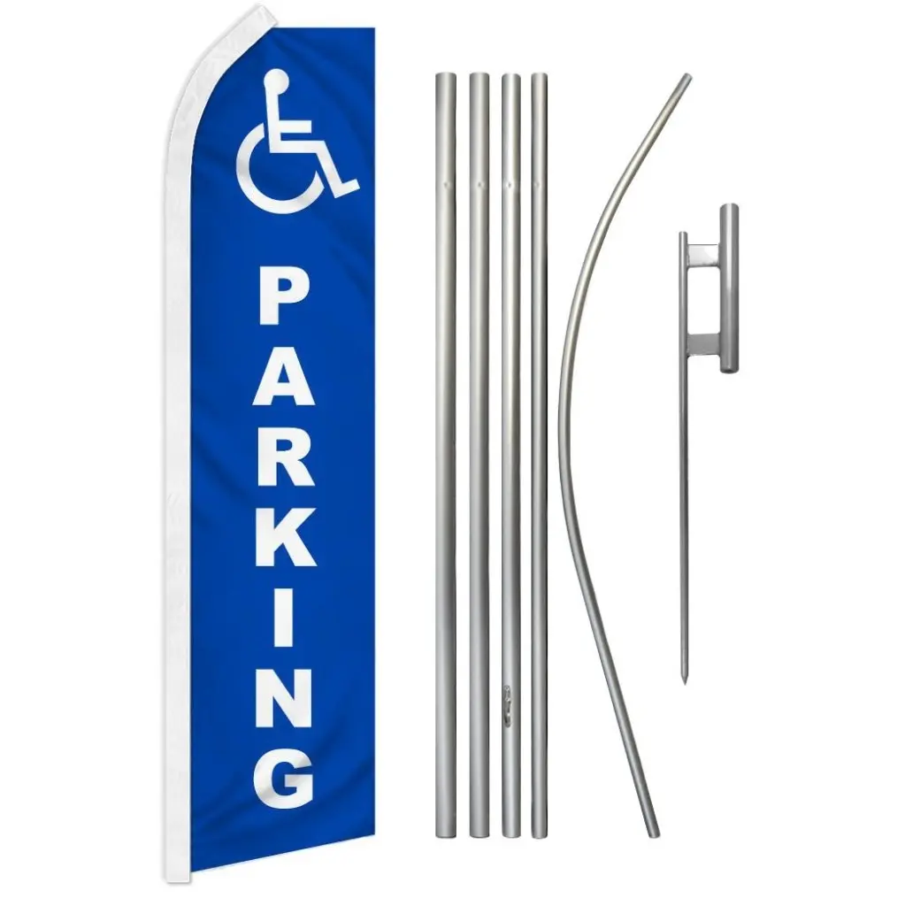 Handicapped Parking Complete Kit - 16ft-Tall Flag Pole, 11.5ft x 2.5ft Printable Synthetic Polyester Banner, Windproof Steel/Alum. Curved Edge Sleeve, Outdoor Easy-Install Banner Kit for Home & Festive Parties Supplies