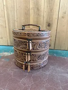 Triple Stack Tooled Leather Round Jewelry Box