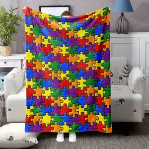1pc Puzzle-Themed Flannel Blanket - Soft All-Season Bedspread with Interlocking Puzzle Pieces Design, Multi-Color Options