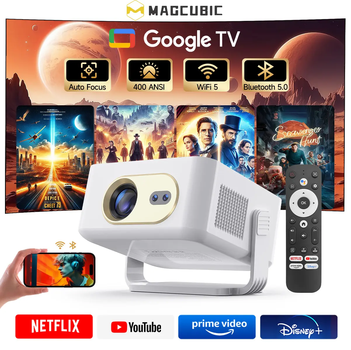[Google TV stick Bundled] Magcubic HY300GT Projector with Officially Certificated Google TV Auto Focus 400ANSI Google Voice Assistant Built-in 5W Speaker WiFi5 BT5.0 Allwinner H137 Google Cast 0.8:1 Short Throw Ratio Portable Smart Home Cinema