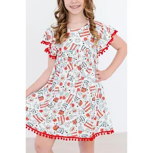 Star Spangled Pom Pom Dress for Girls - Cute All Over Print Dress - Girl's Comfortable Summer Outfit - For Easter, Birthday ,Party, Outdoor Play & Casual Wear - Kids Fashion
