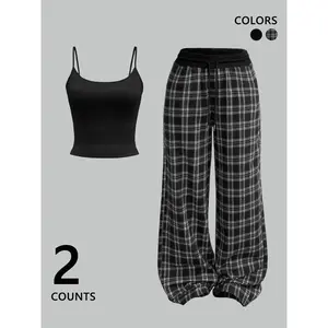 2025 New Two-Piece Set for Women: Solid Color Short Vest and Full Plaid Print Long Pants