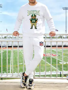 Men's two-piece set with a vintage-style graphic print themed on a bear wearing the No. 26 Eagles jersey for the Super Bowl, including a casual crew neck long-sleeve pullover and jogger sweatpants. A fashionable men’s set.