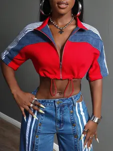 American Vintage Denim Patchwork Short Sleeve Jacket, Stand Collar Zipper Short Top, Chic Streetwear for Women, Trendy Fashion Outerwear