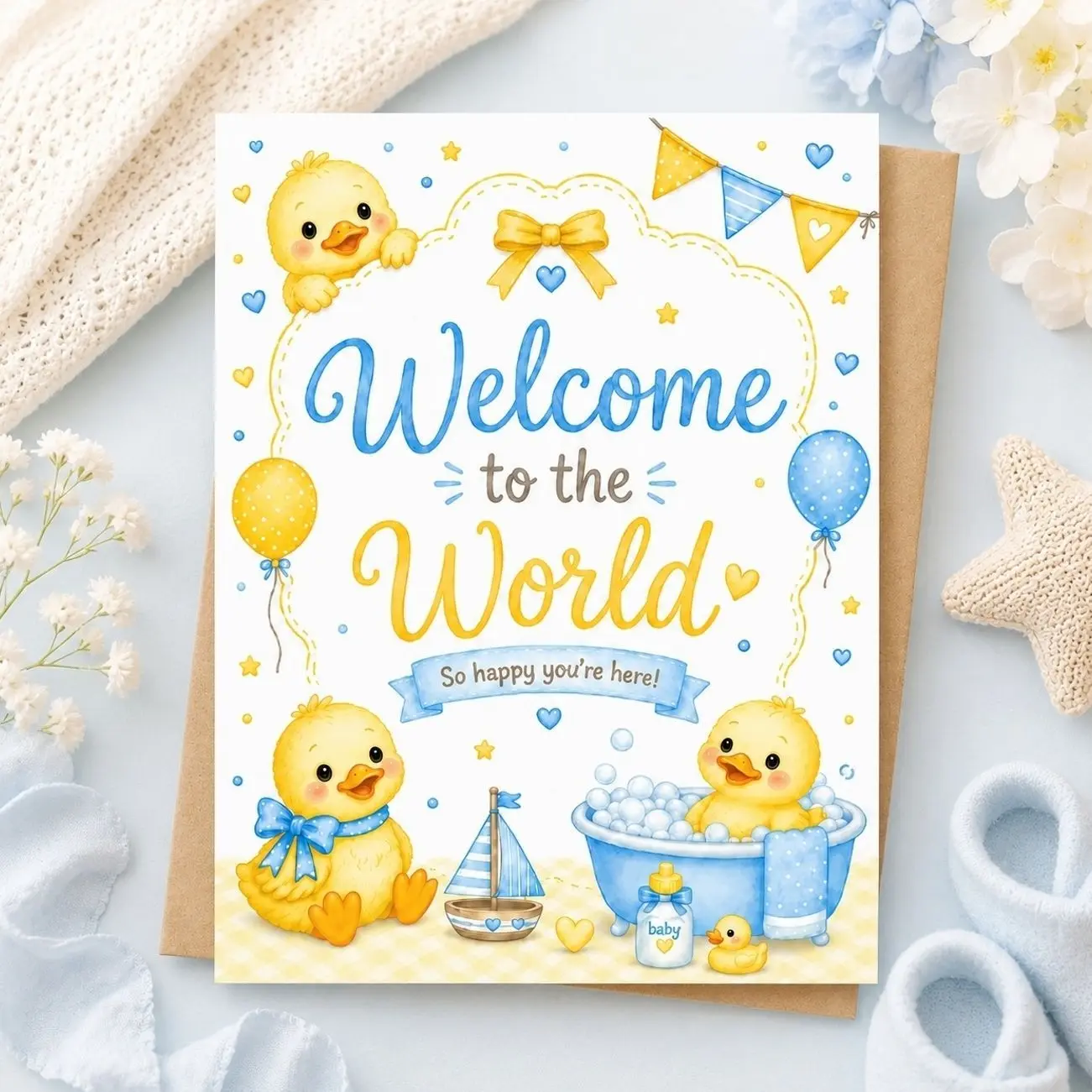 Welcome to the World New Baby Greeting Card, Yellow Duck and Balloons Design, Baby Shower Gift for New Parents, 5 x 7 Inch