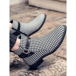 Men's Houndstooth Pattern Buckle Ankle Fashion Boots, Business Style Pointed Toe Boots for Daily Wear, Fashion Shoes for Party, Daily Clothing Decor