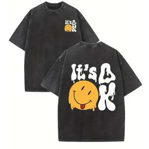 Casual Cotton T-Shirt with "It's Okay" Smiling Face Graphic Vintage Streetwear Drop Shoulder Unisex Hip Hop Outdoor Top Short Sleeve Acid Wash