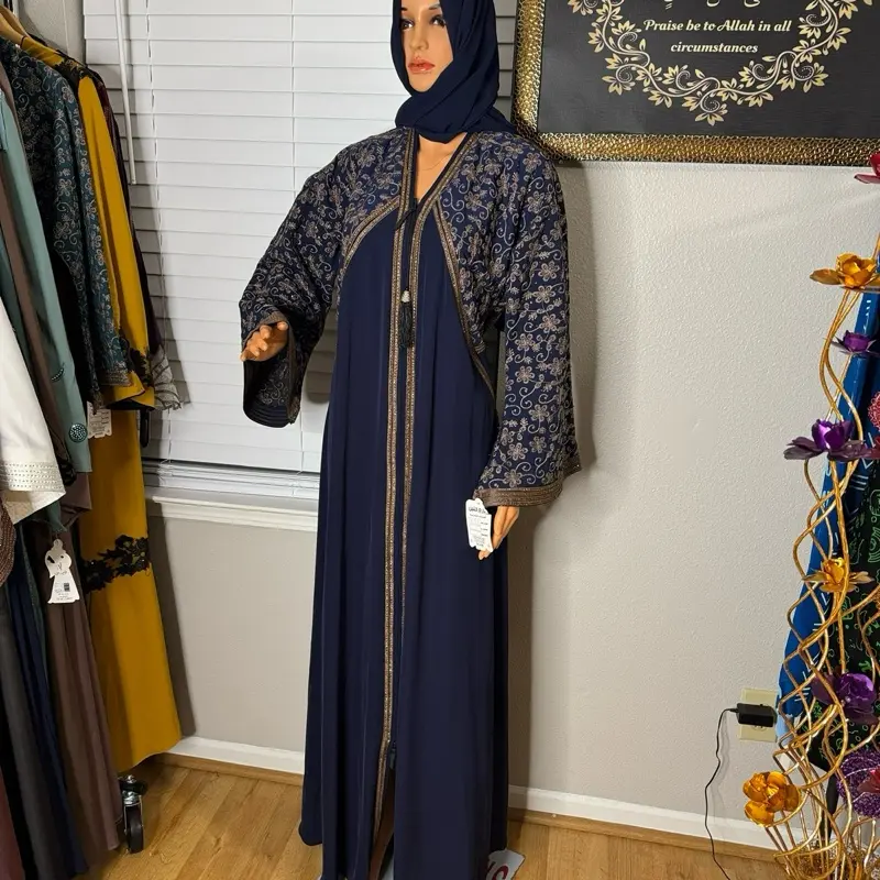 Luxury Egyptian Style Abaya - Navy Blue with Floral Embroidery and Gold Trim