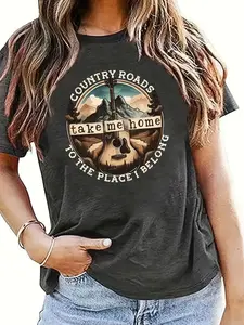【Plus Size】 Country Road Print Round Neck Tee, Casual Short Sleeve T-shirt for Summer, Women's Plus Clothing for Daily Wear