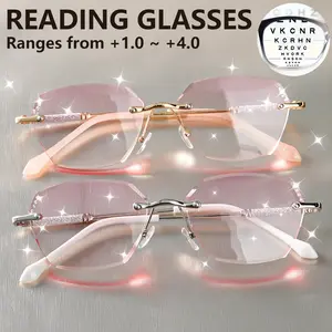 Elegant Rimless Reading Glasses with Sparkling Rhinestones - Pink Gradient, Comfort Fit +1.0 To +4.0 Magnification