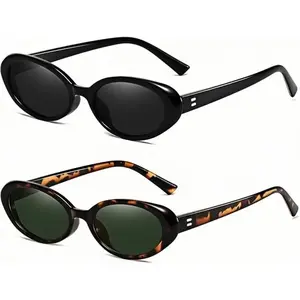 2PCS Retro Oval Sunglasses for Women Men, 90s Vintage Small Oval Frames UV400 Protection Fashion Shades, Classic Y2K Style Sunglasses for Driving, Travel, Beach & Everyday Streetwear