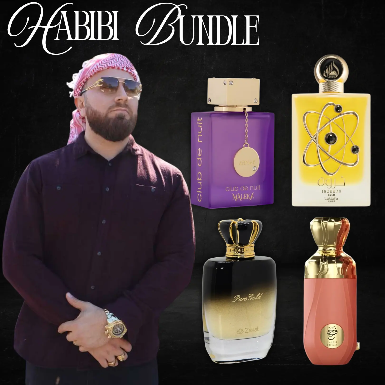El Habibi Barato Bundle | Armaf Club De Nuit Maleka + Lattafa Tharwa Gold + Zakat Farah Forever + Zakat Pure Gold | Women's Fragrance | 100 ML - 3.4 OZ | Eau De Parfum | Freesia - Italian Lemon & Nectarine Blossom