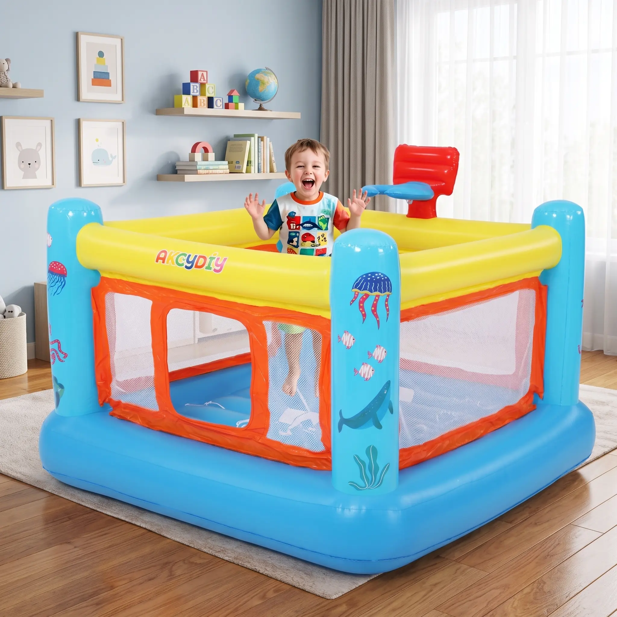 Inflatable Bounce House for Kids Ages 2-4, Ocean Animal Themed Toddler Trampoline with Printed Play Mat Bouncing Surface, Equipped with Multi-Function Air Pump and Inflatable Basketball Toy, Great Indoor and Outdoor Play Toy for Small Kids