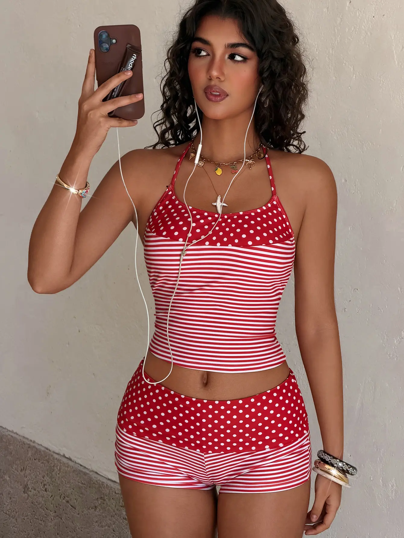 Women's 2-Piece Halter Bikini Set - Vintage American Retro Polka Dot-Stripe Mix-and-Match Swimsuit, Ideal for Beach & Pool Parties, Women's Vintage Bathing Suit 2 Piece Sets