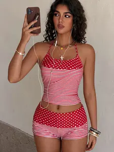 American Retro Halter Bikini Swimsuit Set – Polka Dot & Stripe Mix & Match Design, Perfect for Beach Vacations & Pool Parties