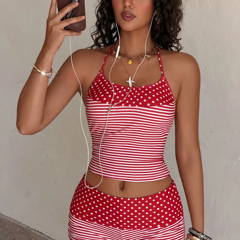 Women's 2 Piece Halter Bikini Set Vintage American Retro Polka Dot Stripe Mix and Match Swimsuit, Ideal for Beach & Pool Parties, Women's Vintage Bathing Suit 2 Piece Sets