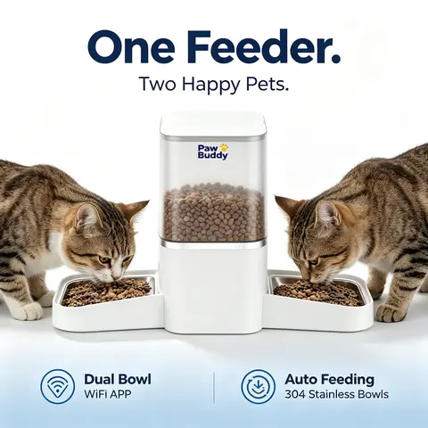 6L Smart WiFi Automatic Cat Feeder - Smart App Control, Bluetooth-Assisted Setup, Stainless Steel Bowl/Dish, Anti-Clog Design for Dry Food, Power Supply, Backup Batteries, 2.5kg Capacity, Modern White