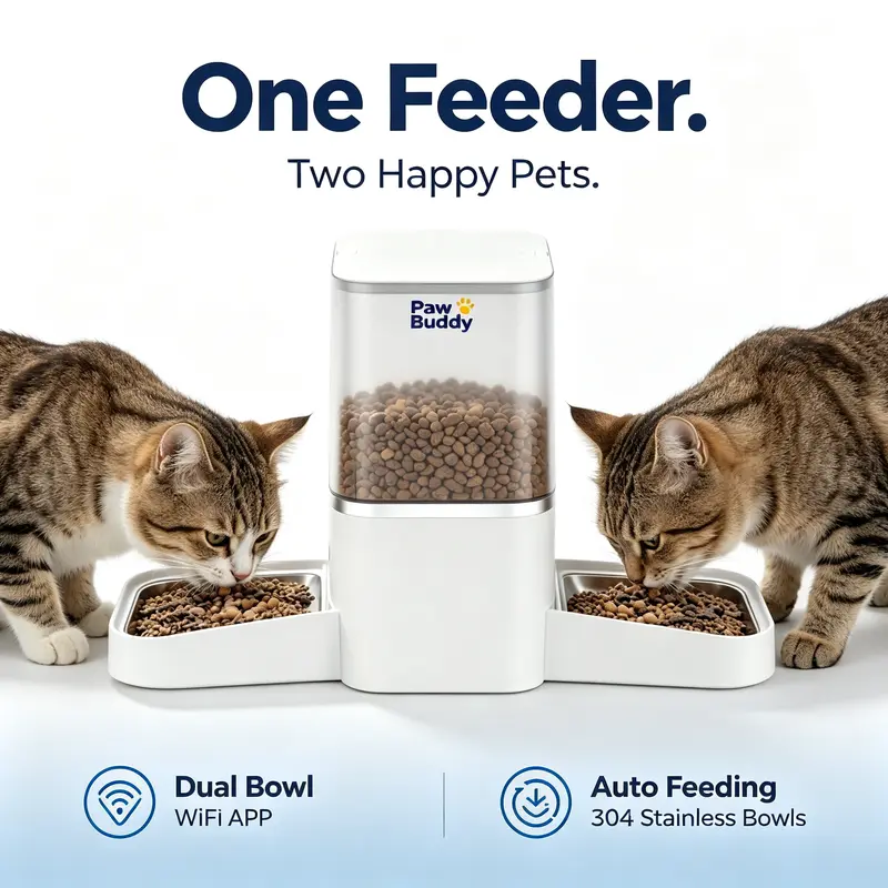 6L Smart WiFi Automatic Cat Feeder - Smart App Control, Bluetooth-Assisted Setup, Stainless Steel Bowl/Dish, Anti-Clog Design for Dry Food, Power Supply, Backup Batteries, 2.5kg Capacity, Modern White