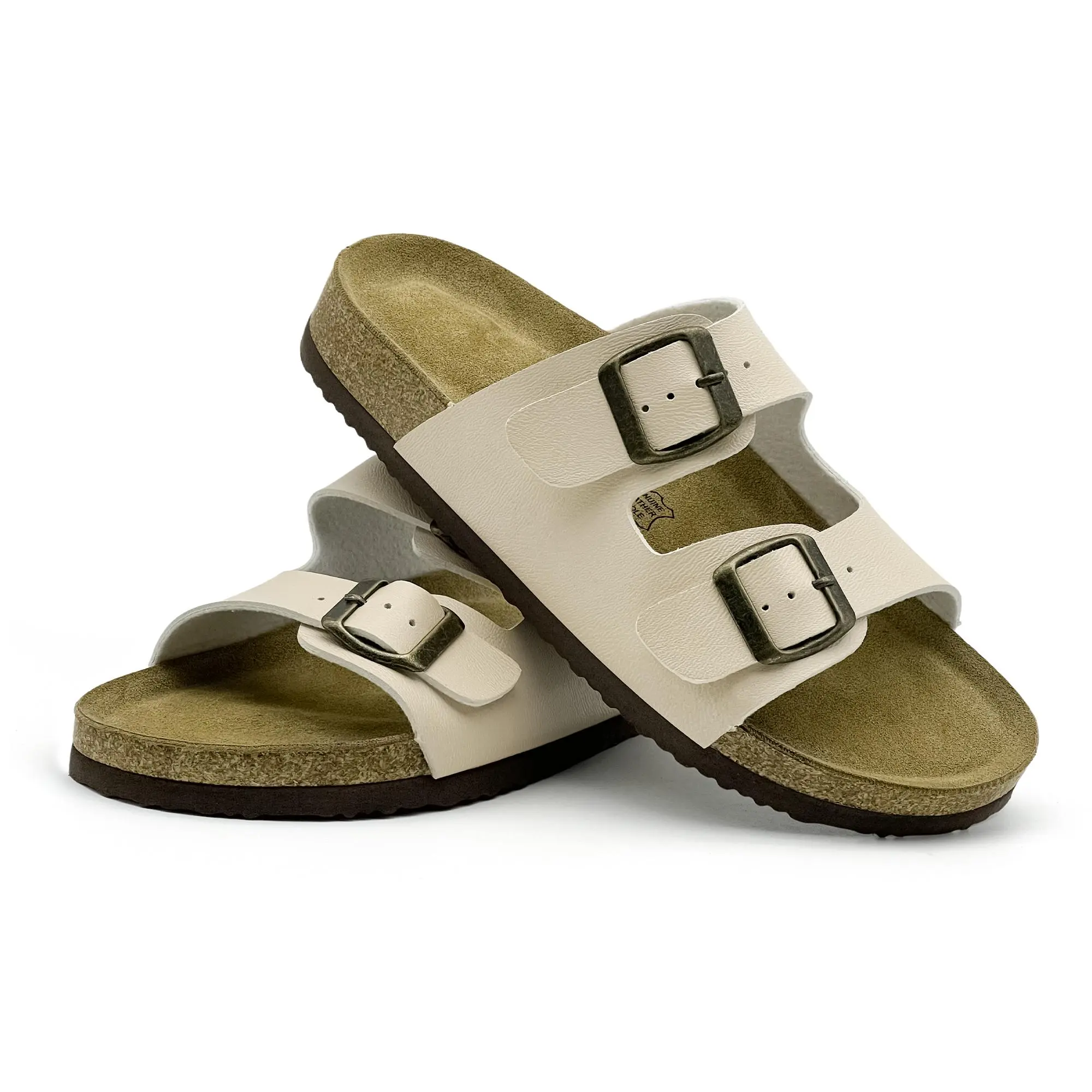 Rosyclo Kids Double-Adjustable PU Rubber Flat Slides Sandals, Ergonomic Arc Support Cork Sole, Breathable Non-Slip Grip Slip-Resistant Shoes for Daily Walking