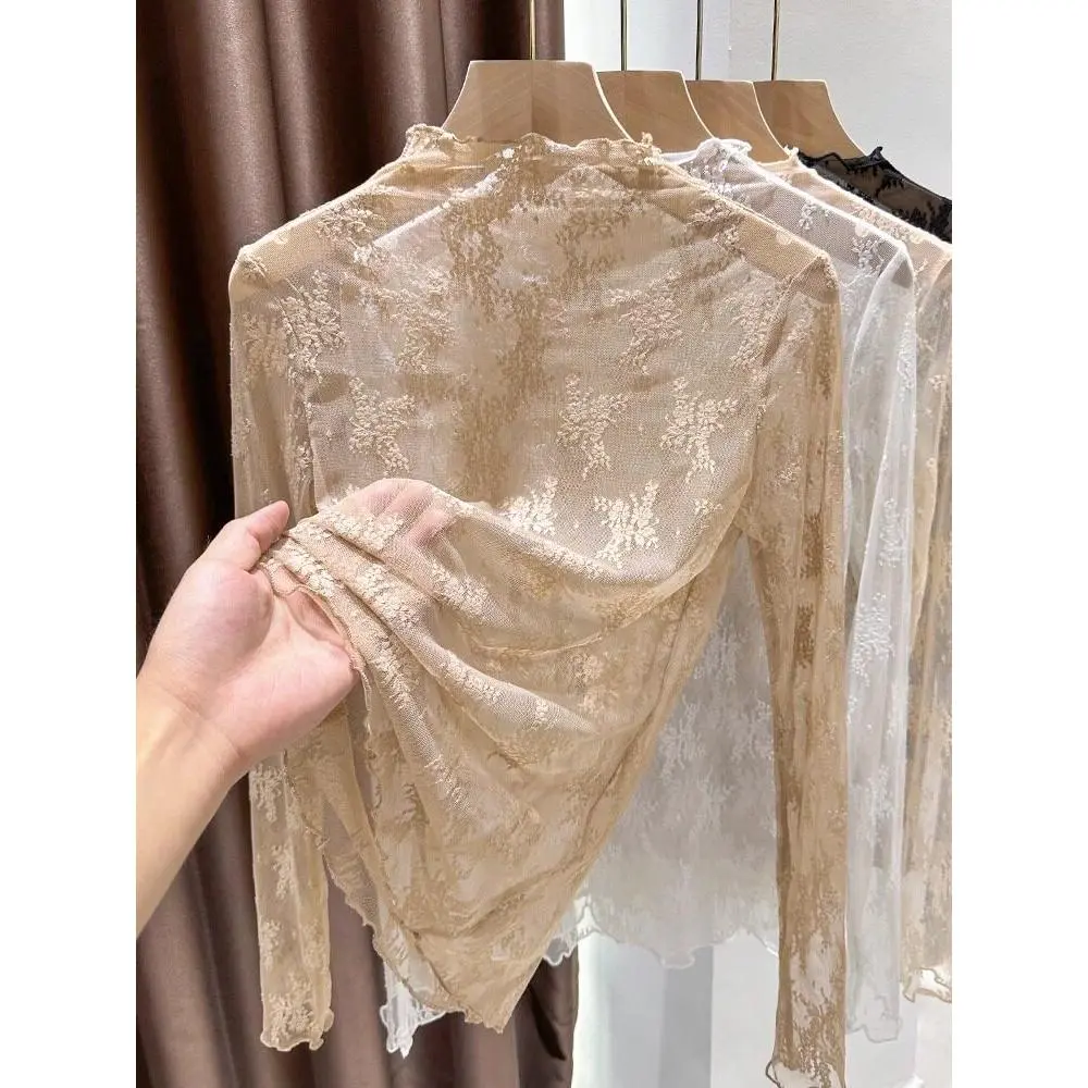 5Color Womens Mesh Long Sleeve Tops Crew Neck Sexy See Through Tee Shirts Party Club Night Lace Blouse Lace base shirt women's autumn and winter inner layers with see-through thin gauze clothes and turtlenecks black mesh tops
