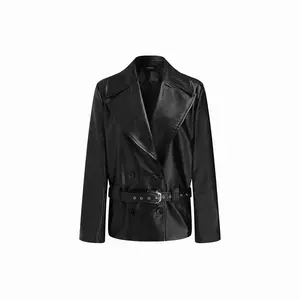 Cider Faux Leather Collar Double Breasted Biker Jacket With Belt