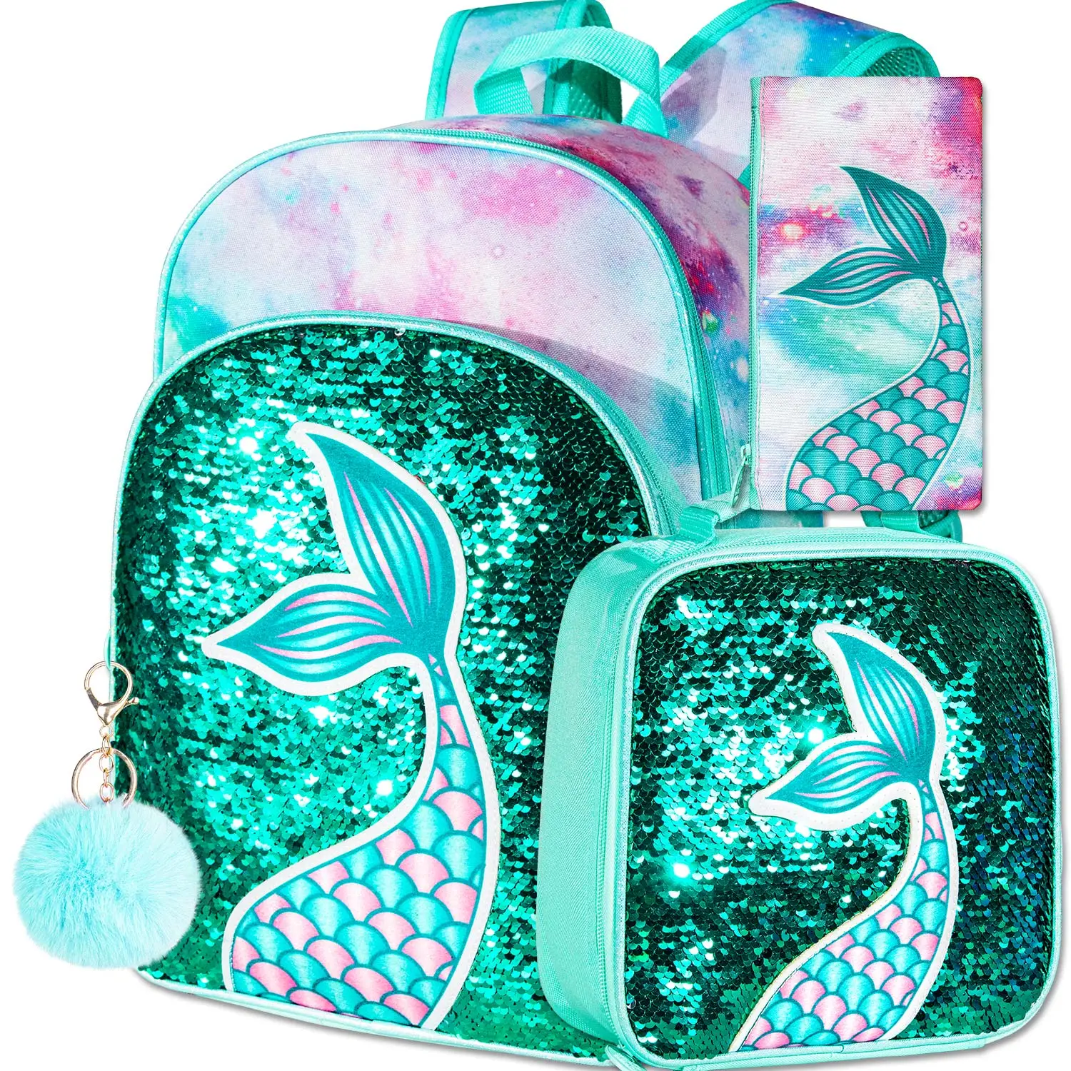 3PCS Kids Backpacks for Girls, 16" Little Kid Mermaid Sequin Preschool School Bookbag and Lunch Box