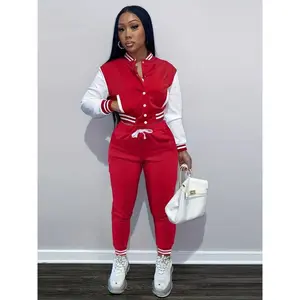 [Casual Baseball Jacket Set] Women's Casual Two-Piece Set - Solid Color Baseball Jacket & Pants, Long Sleeve, Regular Fit, Single-Breasted Buttons |   Casual Style
