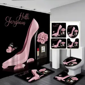 1/4pcs Valentine's Day Pink High Heels Rose Lipstick Pattern Shower Curtain Set, includes non-slip mat, U-shaped rug, and toilet seat cover. Perfect for bathroom decoration, partitioning, and beautifying the space. Comes with 12 shower curtain hooks.