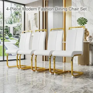 Modern PU Leather Dining  Set of 4, High Back Upholstered Gold Metal Legs Accent  for Kitchen Coffee Corner Living , White din chair room thick seat cushion