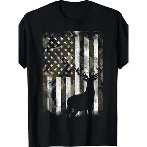 Patriotic Camo Deer American Flag Graphic Tee with Bold Silhouette Design, Soft Cotton Outdoor Shirt for Hunting Enthusiasts, Country Lifestyle, and Casual Everyday Wear