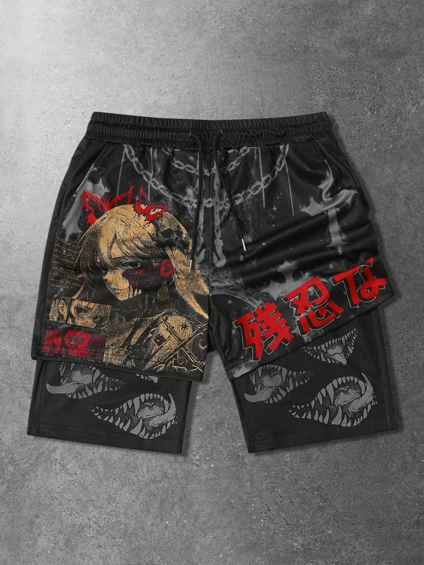 Men's Cyberpunk Anime Influence Double Layer Mesh Shorts, Breathable Summer Shorts - Japanese Streetwear 2-in-1 Bottoms with Dark Aesthetic Graphic & Kanji Print - Otaku Style Oversized Fit Gym Shorts for Summer - Manga Art Apparel