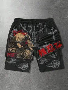 Men's Cyberpunk Anime Double Layer Mesh Shorts - Japanese Streetwear 2-in-1 Bottoms with Dark Aesthetic Graphic & Kanji Print - Edgy Otaku Style Oversized Gym Shorts for Summer 2026 - Unique Manga Art Apparel